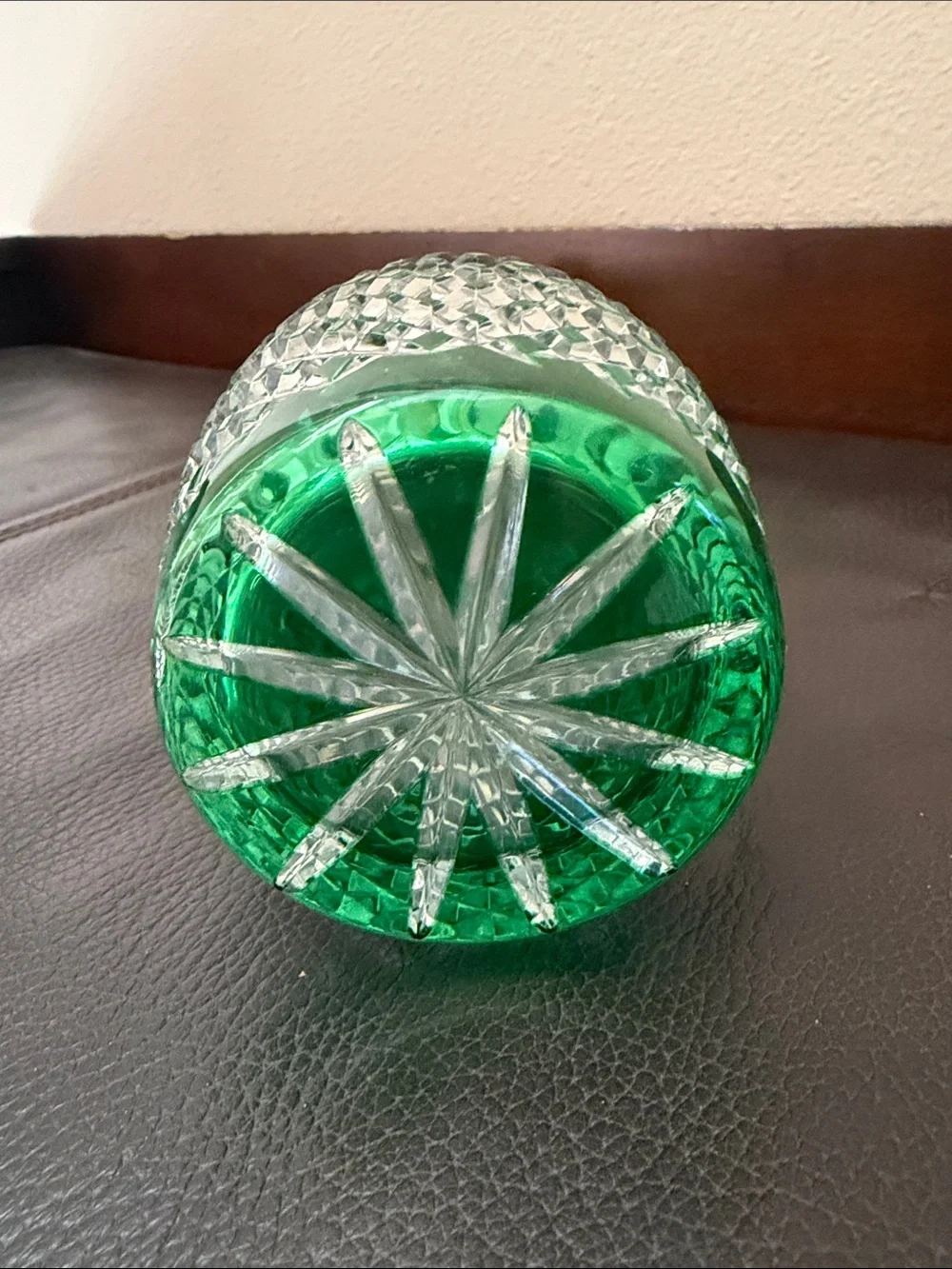 Vintage Bohemian Emerald Green Cut-to-Clear Crystal Decanter